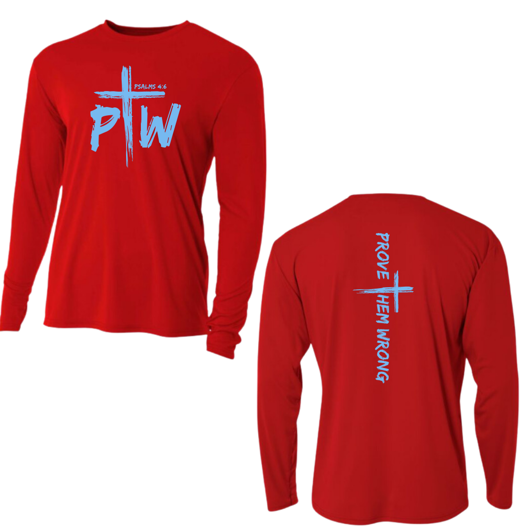 Red Long Sleeve Tee with Prove Them Wrong Spine