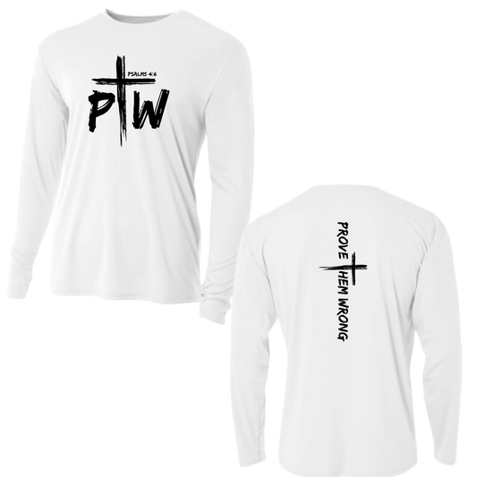 White Long Sleeve Tee with Prove Them Wrong Spine