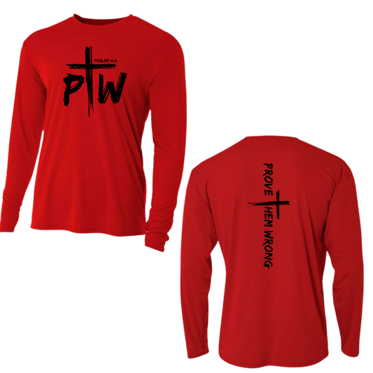 Red Long Sleeve Tee with Prove Them Wrong Spine