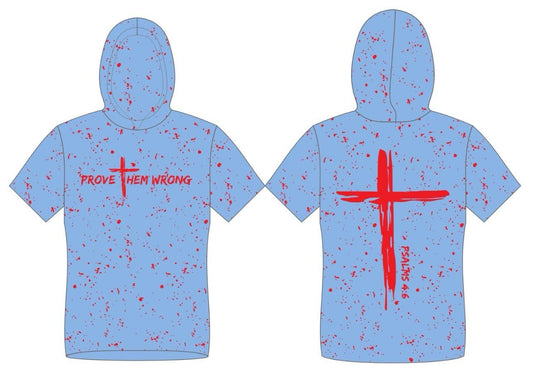 Powder Blue & Red Splatter Short Sleeve Hooded Tee