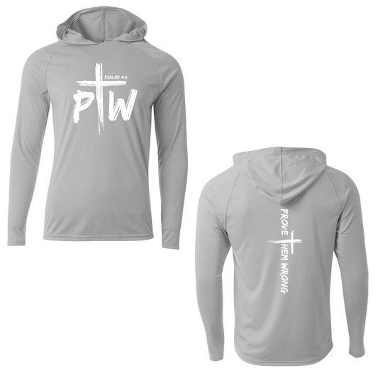 Silver Hooded Long Sleeve Tee with Prove Them Wrong Spine